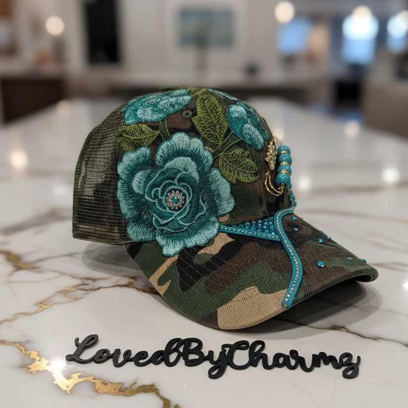 Teal & Camo Trucker Hat with Rose Details