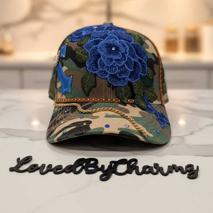 Blue & Camo Trucker Embellished with Roses, Bling’d detail