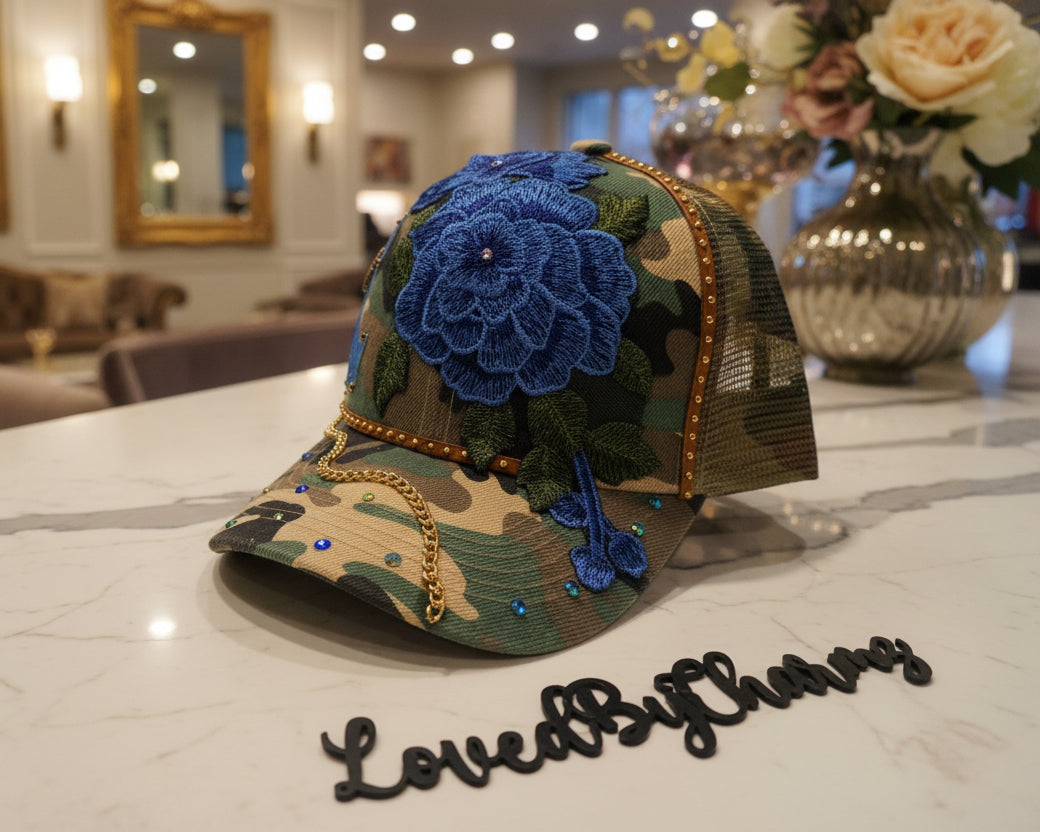 Blue & Camo Trucker Embellished with Roses, Bling’d detail