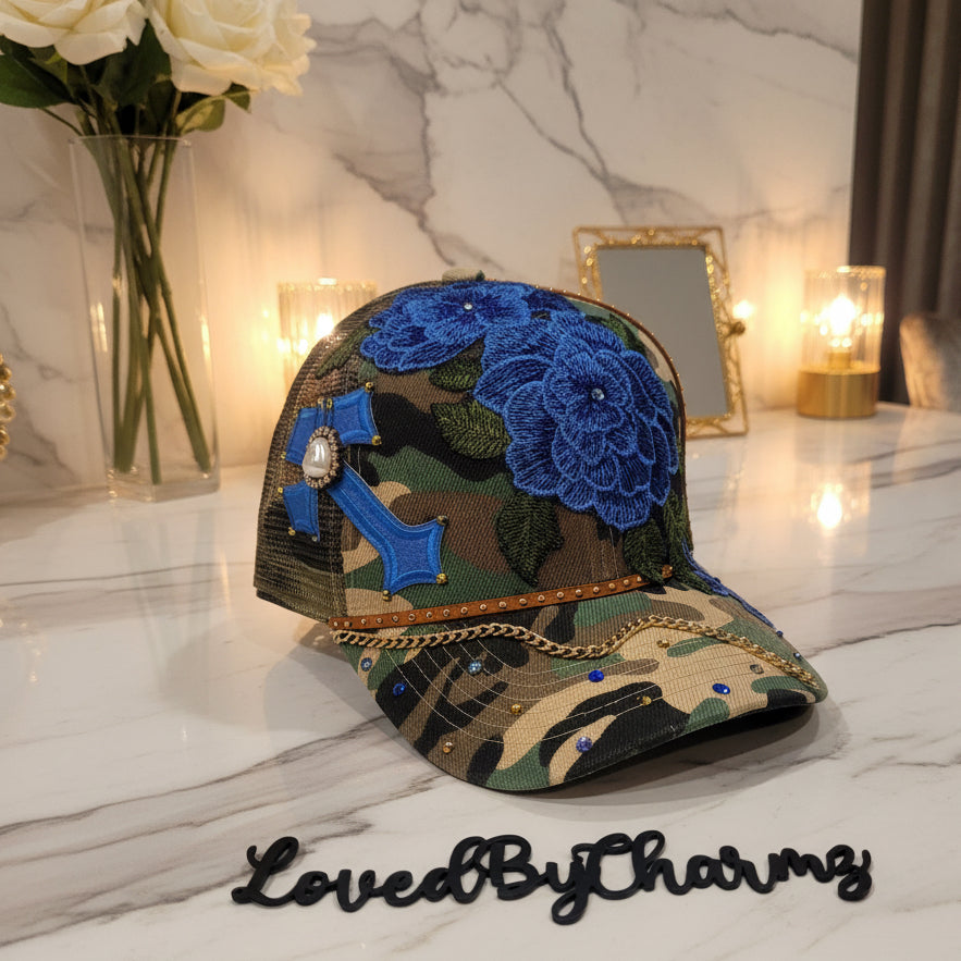 Blue & Camo Trucker Embellished with Roses, Bling’d detail