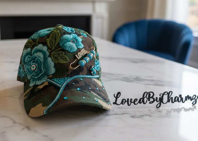 Teal & Camo Trucker Hat with Rose Details