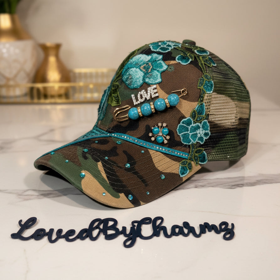 Teal & Camo Trucker Hat with Rose Details