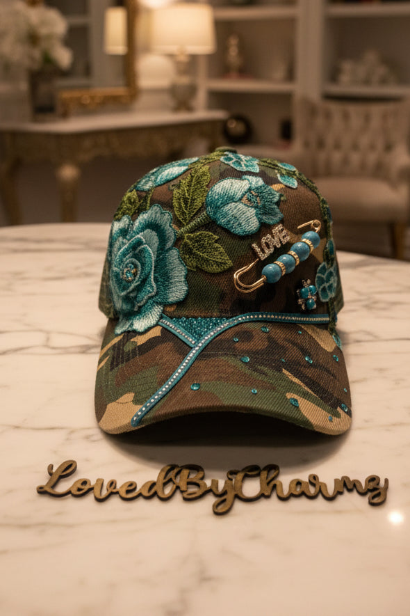 Teal & Camo Trucker Hat with Rose Details