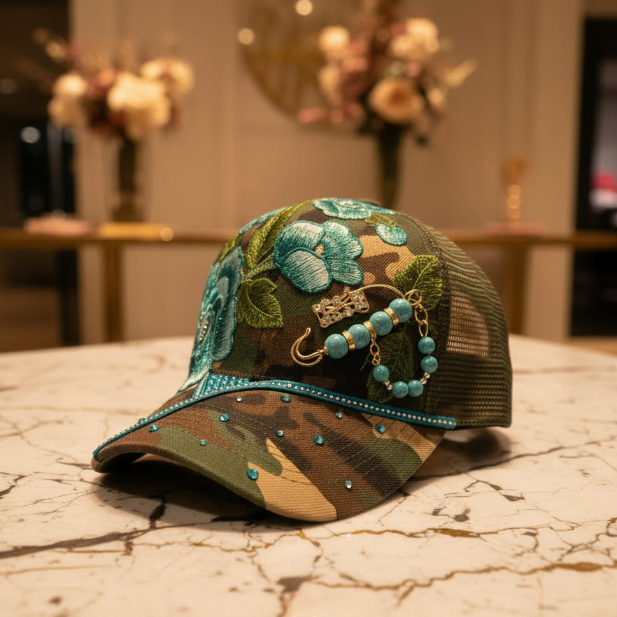 Teal & Camo Trucker Hat with Rose Details
