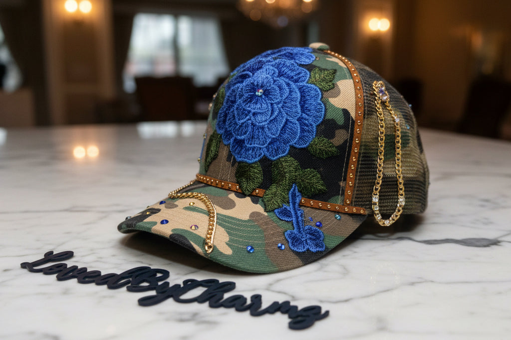 Blue & Camo Trucker Embellished with Roses, Bling’d detail