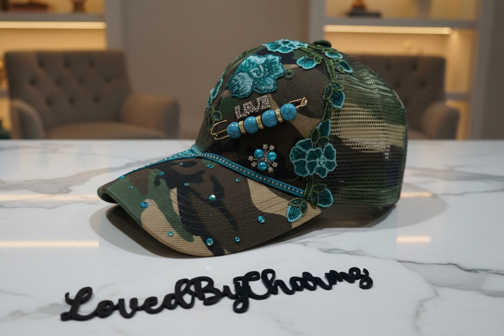 Teal & Camo Trucker Hat with Rose Details