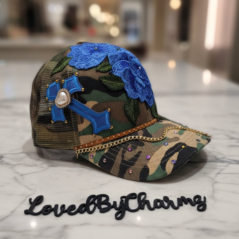 Blue & Camo Trucker Embellished with Roses, Bling’d detail