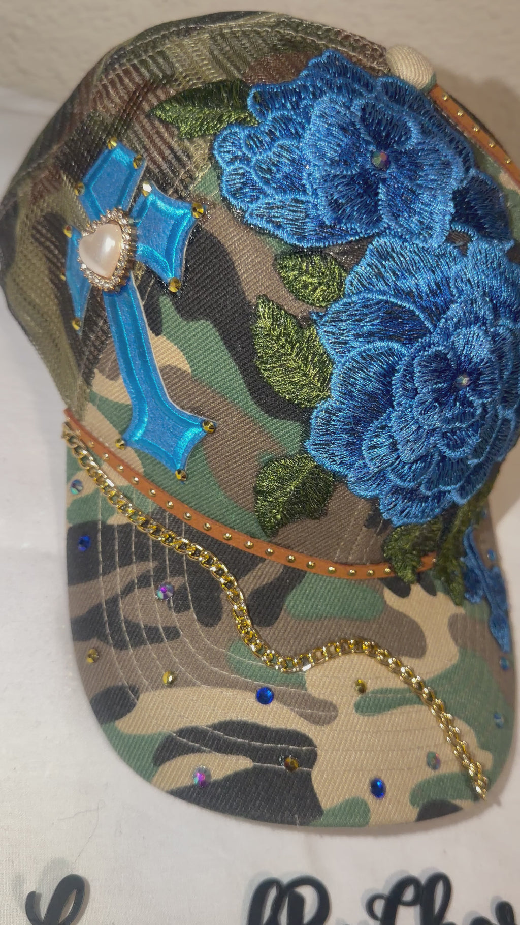 Blue & Camo Trucker Embellished with Roses, Bling’d detail