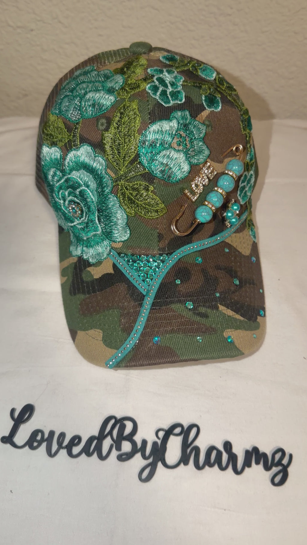 Teal & Camo Trucker Hat with Rose Details